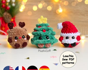 Crochet Christmas Patterns – Santa, Reindeer & Christmas Tree, No-Sew / Low-Sew Amigurumi Ornament PDF
