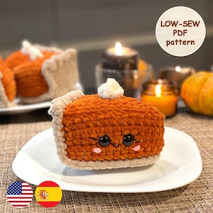 Pumpkin pie slice Crochet LOW SEW PATTERN, Fall Amigurumi, Kawaii Cake, Thanksgiving Handmade Gift, Crochet Play Food, Cute Stuffed Baby Toy