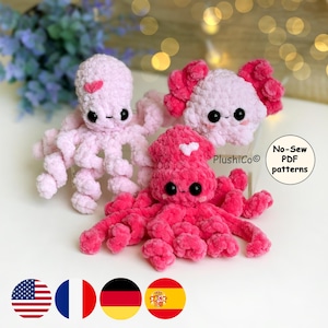 Octopus, Squid, Axolotl CROCHET PATTERNS, Amigurumi No Sew Sea Minis Bundle