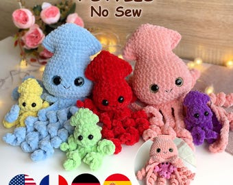 Tintenfisch-HÄKELANLEITUNG 4 Stile: Mama, Papa, Schlüsselanhänger & Baby-Kalmar, Keine Näh-Amigurumi-Plüschtiere, süßes Stofftier
