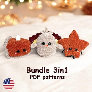Pumpkin pie, Turkey, Maple Leaf Crochet LOW SEW PATTERNS 3in1, Fall Amigurumi Plushies, Thanksgiving Handmade Gift, Cute Stuffed Baby Toys