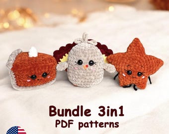 Pumpkin pie, Turkey, Maple Leaf Crochet LOW SEW PATTERNS 3in1, Fall Amigurumi Plushies, Thanksgiving Handmade Gift, Cute Stuffed Baby Toys