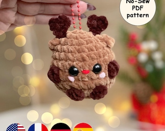Reindeer Keychain Christmas CROCHET PATTERN, No Sew Amigurumi PDF Bag Charm, Mini Plush Deer Ornament