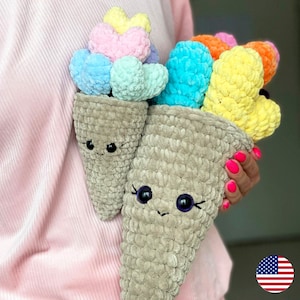 Ice Cream Cone CROCHET PATTERN, Amigurumi Dessert Tutorial, Cute Food Crochet, Kawaii Amigurumi, Hearts Plushie, Stuffed Valentines Day Gift