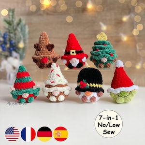 Christmas Gnome Crochet Pattern Bundle, 7-in-1 No/Low Sew Mini Amigurumi