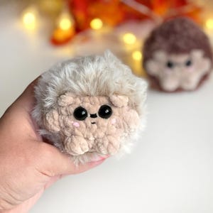 May include: A handmade, plush hedgehog toy with a light brown body and fluffy, light gray fur. The hedgehog has large, black eyes and pink cheeks. Another hedgehog is slightly out of focus in the background.