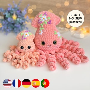 Squid CROCHET PATTERN, No Sew Amigurumi 2 sizes plushies, Easy Crochet Beginner PDF