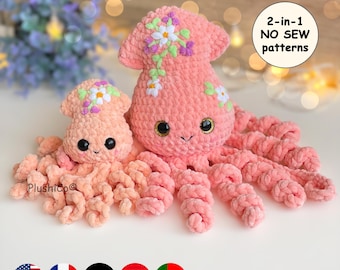 Squid CROCHET PATTERN, No Sew Amigurumi 2 sizes plushies, Easy Crochet Beginner PDF