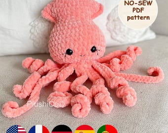Squid CROCHET PATTERN, No SEW Amigurumi Octopus, plush Kawaii Animals, Plushie Baby Toy, Easy Pdf Tutorial for Beginners