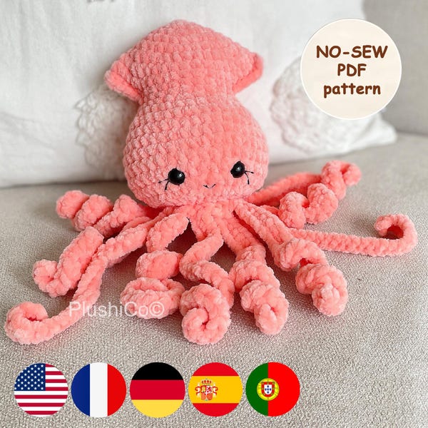 CALAMAR PATRÓN de CROCHET, Sin Costura Animal de peluche de Pulpo Amigurumi, Juguete de peluche para bebé