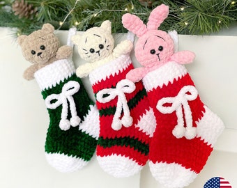 Christmas Stocking CROCHET PATTERNS 4in1, Bear, Bunny, Cat Amigurumi Plushies, Cute Plush Baby Toy, Beginners Friendly Easy DIY Tutorial
