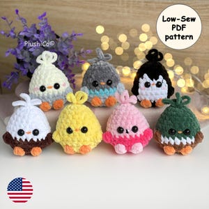 May include: A set of eight crochet amigurumi patterns for making small plush animals. The patterns include a penguin, a chick, and six other birds in various colours. The patterns are available as a digital download in PDF format. Low-Sew PDF pattern.