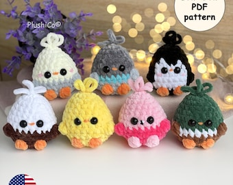 Bird CROCHET PATTERN bundle, Low Sew Amigurumi Spring mini Plushies: Chicken, Mallard Duck, Flamingo, Eagle, Budgie/Parrot, Penguin, Pigeon