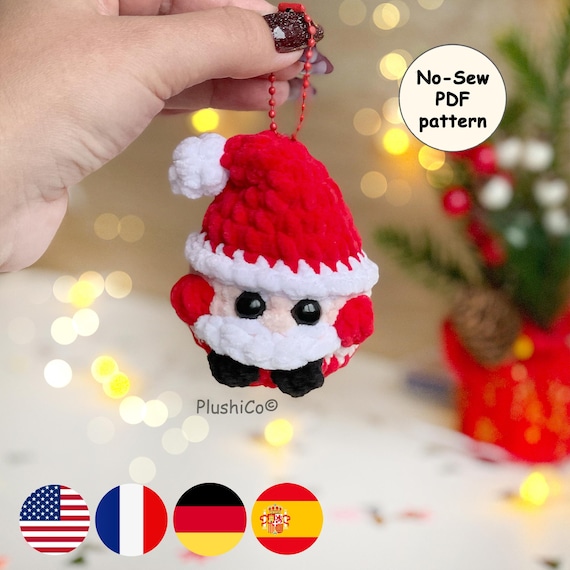 Santa Crochet Pattern, Christmas No-Sew  Ornament, Mini Keychain PDF, Plush Yarn Amigurumi, Easy Xmas Decor