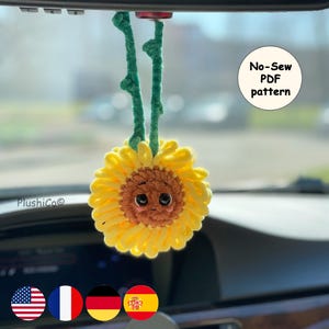 Crochet Sunflower Car Mirror Hanger Pattern, No Sew Amigurumi Daisy flower, Plush Charm PDF, Cute Car Decor, Easy Beginner Keyring Pattern