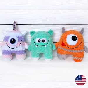 Cute Monsters Crochet PATTERN Set 3in1, Kawaii Plush Amigurumi Baby Alien, Stuffed Plushie Unicorn Cyclops Cuddly Toy, Easy Beginner Softie