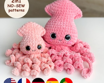 Squid CROCHET PATTERN, Amigurumi 2in1 No Sew PDF, Octopus plush Kawaii Stuffed Animal, Plushie Baby Toy, Easy Crochet Tutorial for Beginners