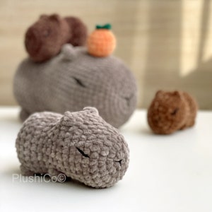 May include: Three crocheted capybara plushies in various sizes. The largest capybara is gray and lying down. A smaller brown capybara is lying down to the right. A small orange pom-pom with a green stem sits on top of the largest capybara.