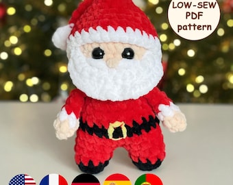 Santa Crochet Christmas PATTERN, LOW SEW Amigurumi Doll, Handmade Small Ornament, Cute Stuffed Plush Baby Toy, Holiday Gift