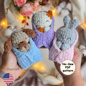 Cat, Bunny, Dog Amigurumi CROCHET PATTERN Set, No Sew Amigurumi Plushies, Sleeping Rabbit Animals, Baby Puppy Snuggler, Cute Kitty Purritos