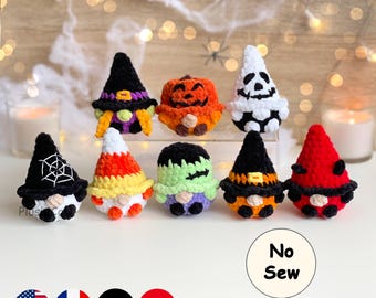 Halloween Gnome Crochet Pattern, No-Sew Mini Amigurumi 8-in-1 Bundle