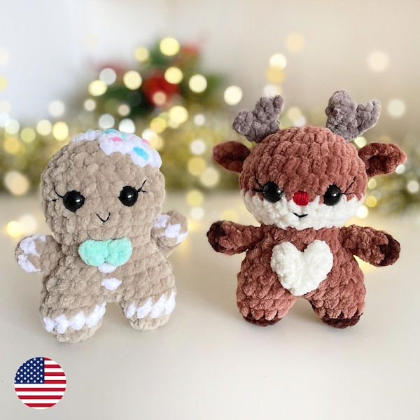 Gingerbread Man & Reindeer CROCHET PATTERN, Christmas Mini Amigurumi, Small xmas Ornament, Easy PDF tutorial