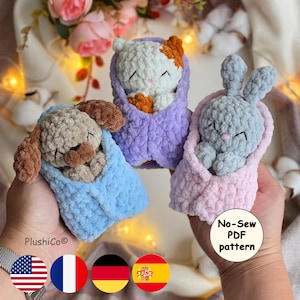 Set de PATRONS CROCHET Amigurumi : Chat, Lapin & Chien Endormis – Sans Couture (PDF)