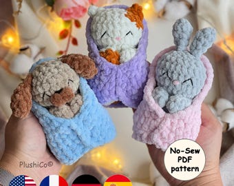 Amigurumi CROCHET PATTERN Set: No Sew Sleeping Cat, Bunny, Dog Mini Snuggler, Hatching  Plushies