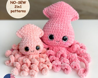 Calamari 2in1 senza cucire MODELLI ALL'UNCINETTO, peluche Polpo Amigurumi peluche Kawaii, peluche per bambini, tutorial facile all'uncinetto PDF per principianti