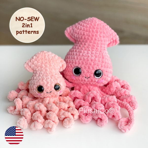 Inktvissen 2in1 Geen naai HAAKPATRONEN, Amigurumi Octopus pluche Kawaii Knuffeldier, Plushie Baby Speelgoed, Gemakkelijke haaktutorial PDF voor beginners