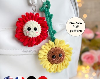 Flower Crochet Pattern Keychain, No Sew Small Amigurumi, Sunflower Bag Charm, Summer Plush Keyring, Beginner Easy PDF