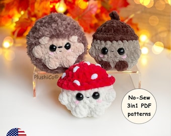 Fall Crochet PATTERN 3in1, No Sew Hedgehog, Mushroom, Acorn Amigurumi, Mini Forest Plushies