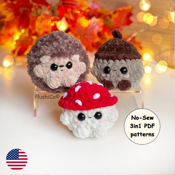 Fall Crochet PATTERN 3in1, No Sew Hedgehog, Mushroom, Acorn Amigurumi, Mini Forest Plushies