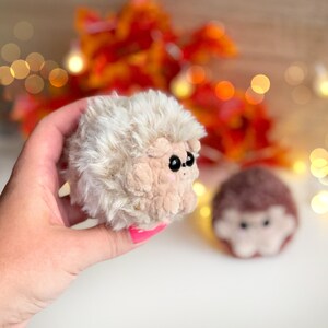 May include: A plush, round hedgehog toy with a light brown body and fluffy, cream-colored fur. The hedgehog has small, black eyes and a pink nose. Another hedgehog toy is visible in the background. The background has fall-themed decorations.