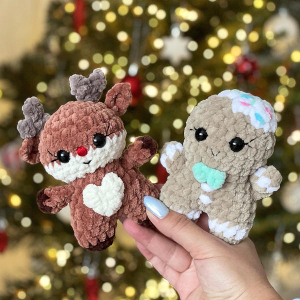 Gingerbread Man & Reindeer CROCHET PATTERN, Christmas Mini Amigurumi, Small xmas Ornament, Easy PDF tutorial