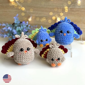 Turkey & Peacock Crochet Patterns, Birds Amigurumi Bundle, Mom and Baby Low Sew Thanksgiving PDF