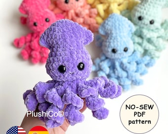 Baby Squid No Sew CROCHET PATTERN, Amigurumi Octopus plush Kawaii Stuffed Animal, Plushie Baby Toy, Easy Crochet Tutorial PDF for Beginners