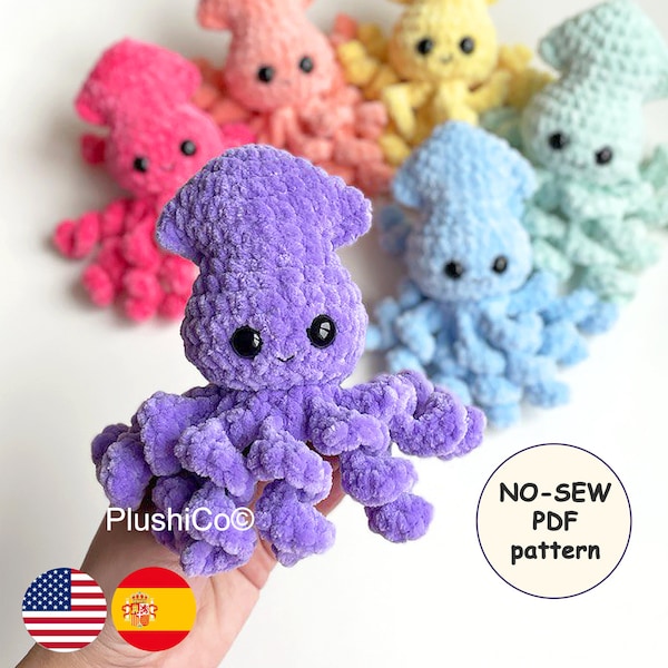 Patrón de crochet para bebé calamar sin costuras, Amigurumi de pulpo de peluche Kawaii, Tutorial de crochet fácil en PDF para principiantes.
