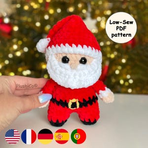 Santa Claus crochet pattern sample made with plush chenille yarn, featuring a red hat, white beard, black belt and yellow buckle. Low-sew Christmas amigurumi PDF pattern for a quick holiday market make, handmade Christmas decor or gift. Image includes “Low-Sew PDF Pattern” text.