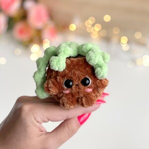 May include: A small, round, brown crocheted plush toy with a soft, fuzzy texture. It features a light green, curly, yarn-based top resembling foliage, two large, glossy black safety eyes, and small, embroidered pink cheeks on its face.