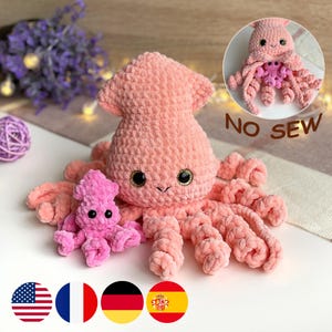 Squid Mama & Baby Crochet Pattern, Cute Plushie with Hidden Pouch, Easy No Sew Amigurumi, Mothers Day/Baby Shower Gift Idea, Beginner PDF