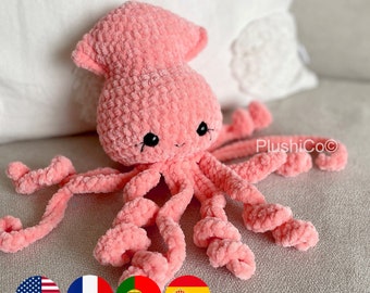 Squid CROCHET PATTERN, No SEW Amigurumi Octopus plush Kawaii Animal, Plushie Baby Toy, Easy Pdf Tutorial for Beginners