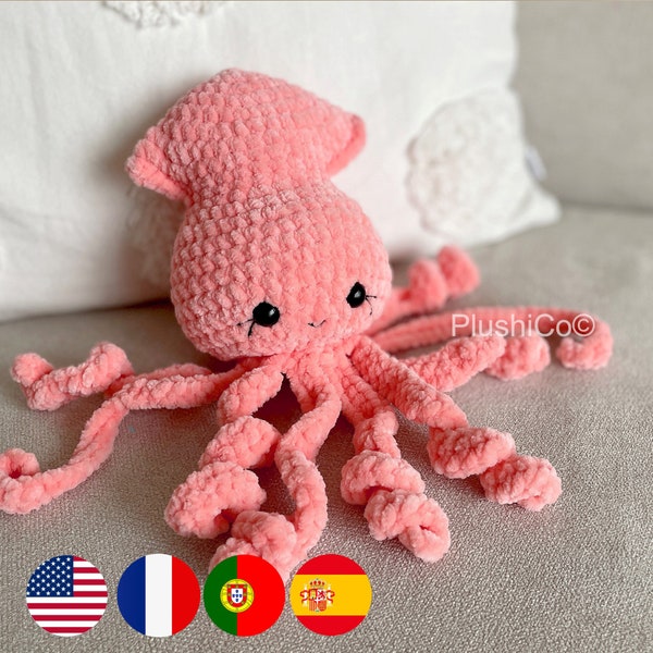 Patron du Calamar en crochet, Pas de Couture Peluche Pieuvre Amigurumi Animaux Kawaii, Jouet en Peluche pour Bébé