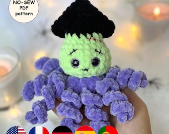 Calamar Frankenstain PATRÓN CROCHET, Amigurumi de otoño sin coser, Peluche de Halloween, Espeluznante Pulpo de Peluche Criatura Marina