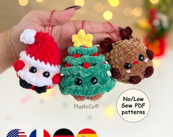 Christmas Crochet Keychain Patterns – Santa, Reindeer & Christmas Tree plushies, No-Sew / Low-Sew Amigurumi Ornament PDF