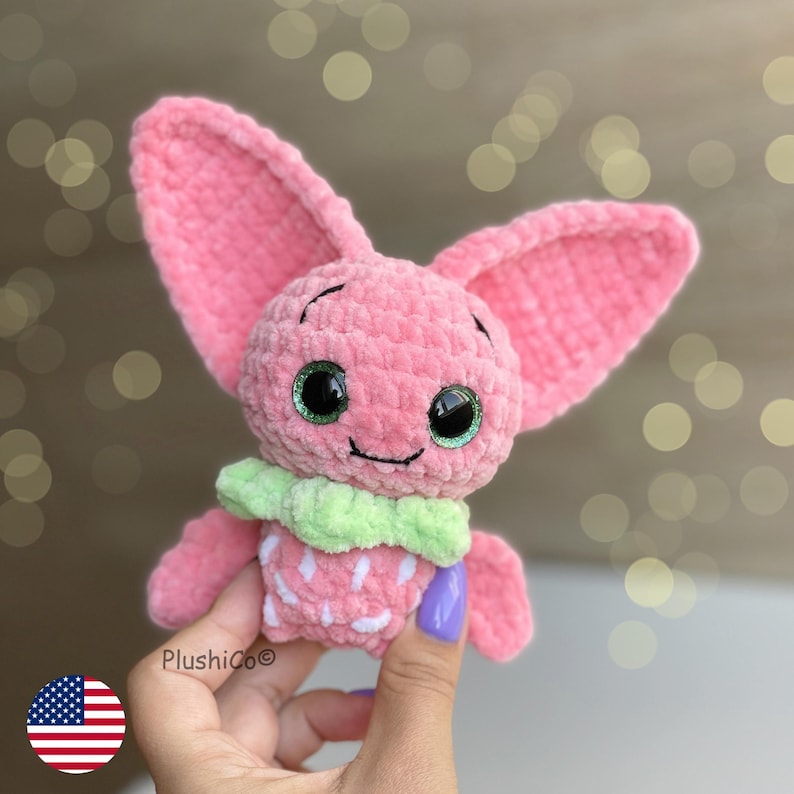 Bat CROCHET PATTERN, Fruit Amigurumi Plushie, Strawberry Pink Bat, Easy Fall/Halloween Pattern for Beginners image 1