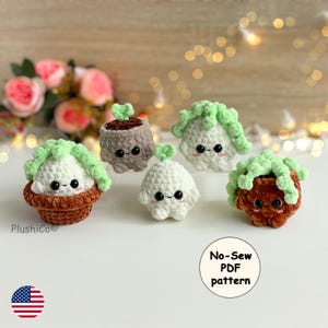 May include: Five small crocheted plush figures with black eyes and pink cheeks. Three are potted plants with green leaves, one is a brown pot with a sprout, and one is a white round figure with a sprout. Text reads Plushico and No-Sew PDF pattern.