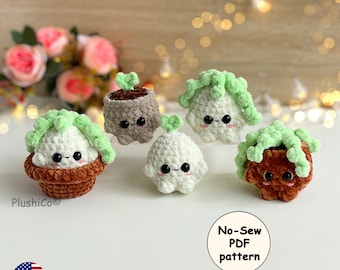 Mini Plants Crochet Pattern Bundle, No Sew String of Pearls Amigurumi, Potted Baby Sprout, Easy Plush Yarn Flowers, Cute Kawaii Succulent