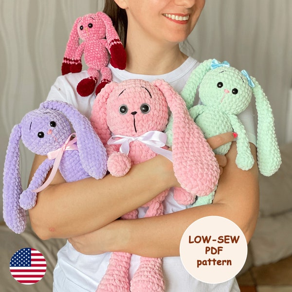 Bunny Low Sew Crochet Pattern, Amigurumi Easter Rabbit, einfache PDF-Anleitung für Anfänger, riesiges Plüsch-Babyspielzeug, DIY-Puppe im Frühlingstrend