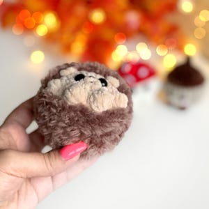 May include: A handmade, plush hedgehog toy with a brown body and a cream-colored face. The hedgehog has small black eyes and is held in a person's hand. Other small, decorative plush items are in the background.